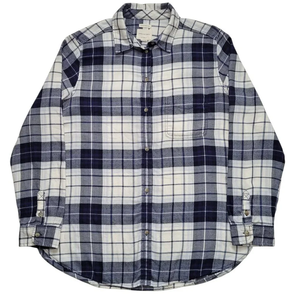American Eagle Plaid Flannel Button-Up Shirt Blue White Boyfriend Fit XL Grunge - Picture 1 of 10